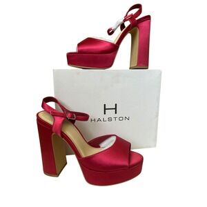 Halston Hot Pink Satin Platform Block Heel Sandals Womens Size 7 NEW